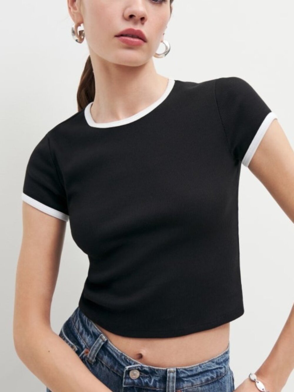 Reformation Ringer Muse Tee - Black/White - Size Medium